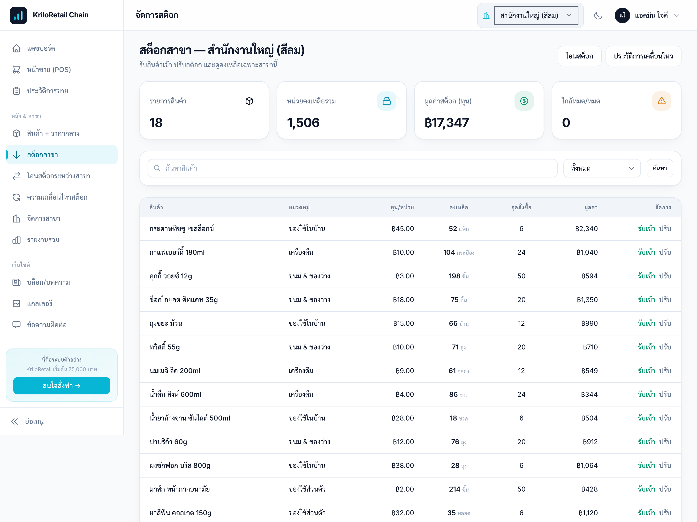 หน้าจัดการข้อมูล